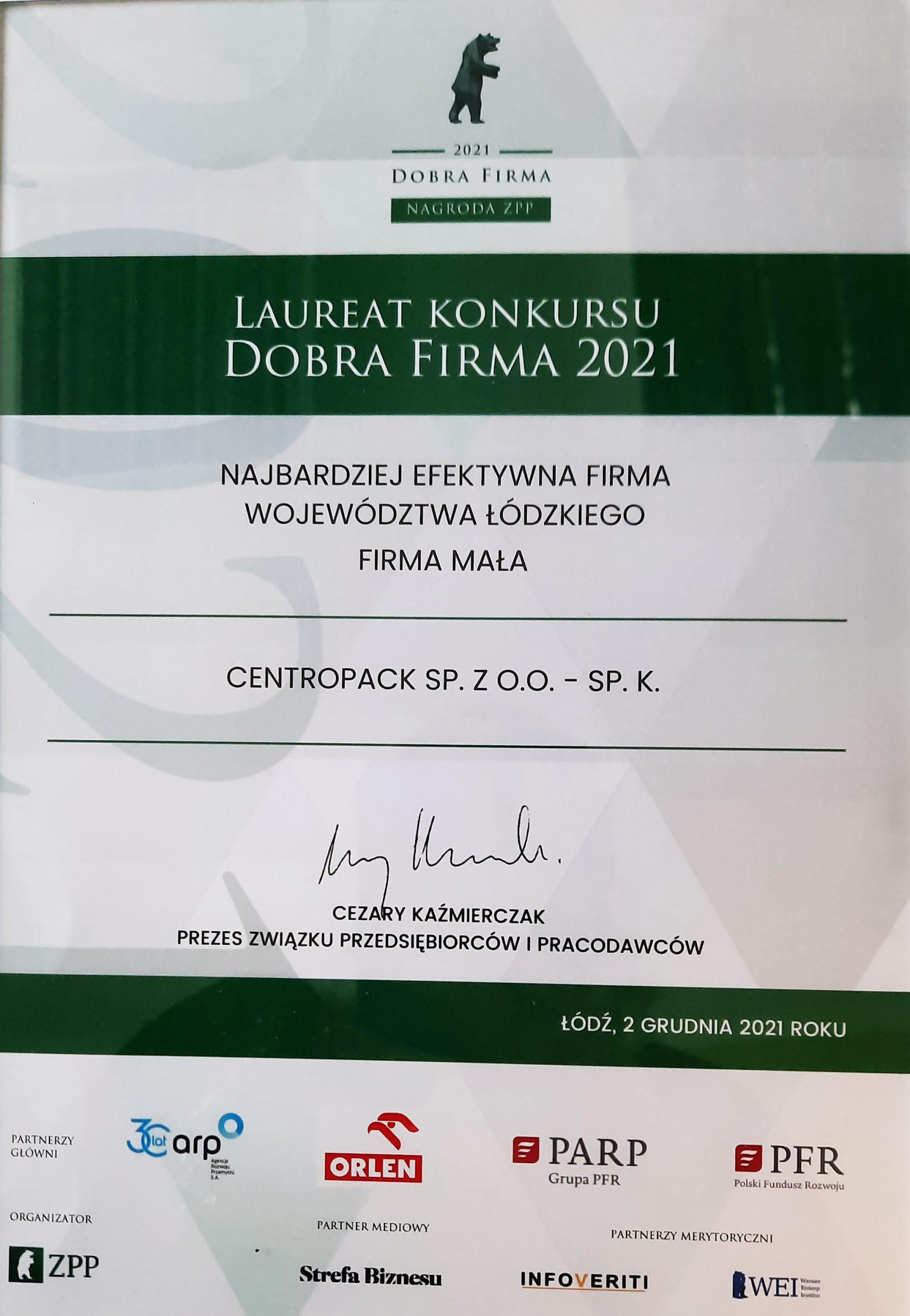 Dobra Firma 2021 - Certyfikat dla Centropack